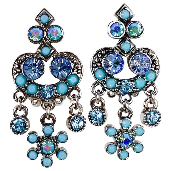 Signed Kirks Folly Blue Rhinestone Floral Chandelier Clip On Earrings Vintage - Picture 1 of 10